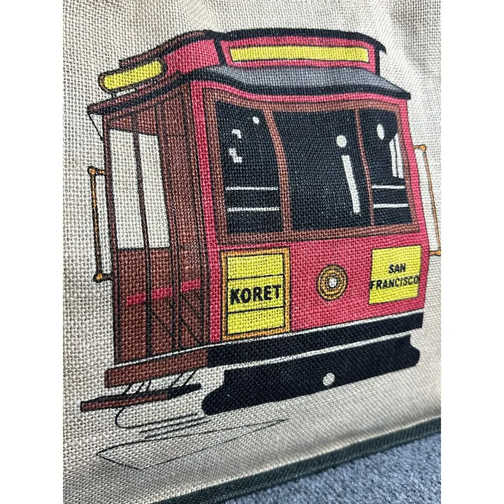 Vintage burlap tote San Francisco cable car trolley bamboo handles by Koret 15”